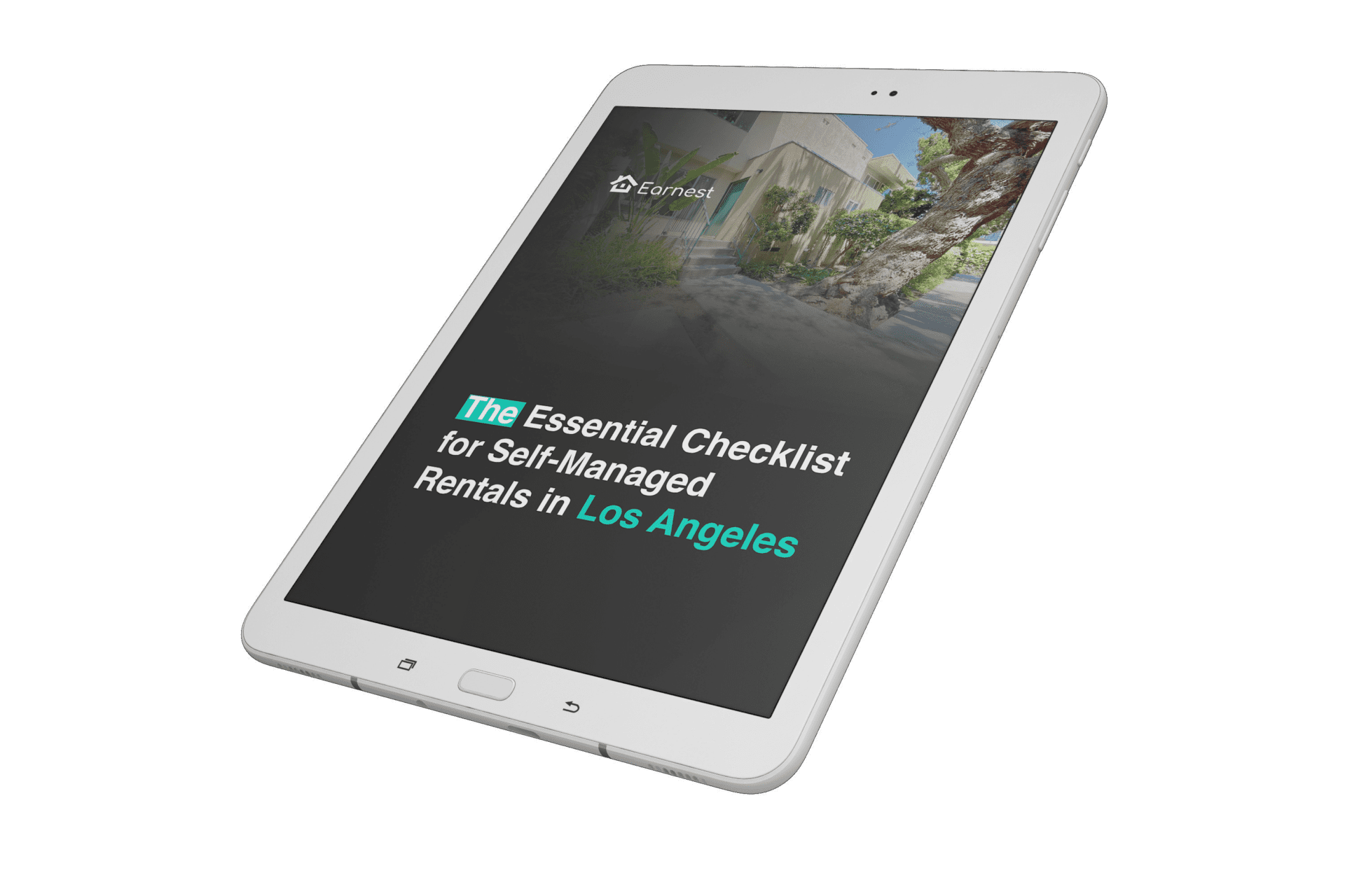 An image of a tablet with "The Essential Checklist for Self-Managed rentals in Los Angeles" on the screen